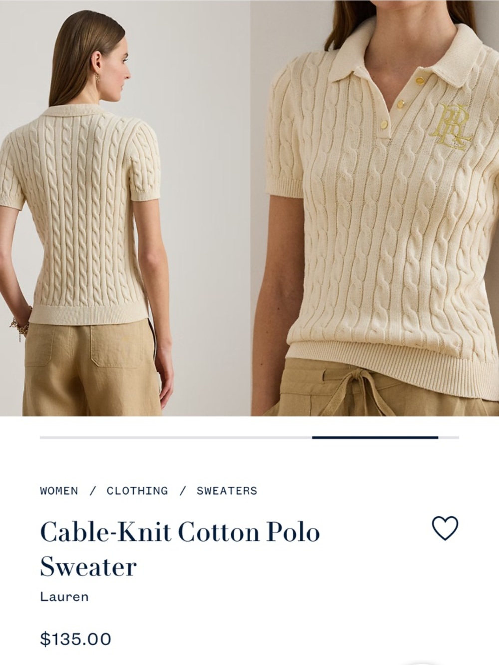 Lauren Ralph Lauren Cream Cable-Knit Cotton Polo Sweater